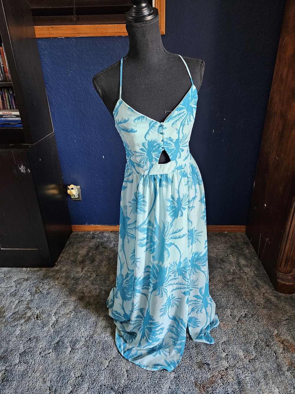 Candie's Aqua Tropical Print Spaghetti Strap Maxi Dress womens size xs